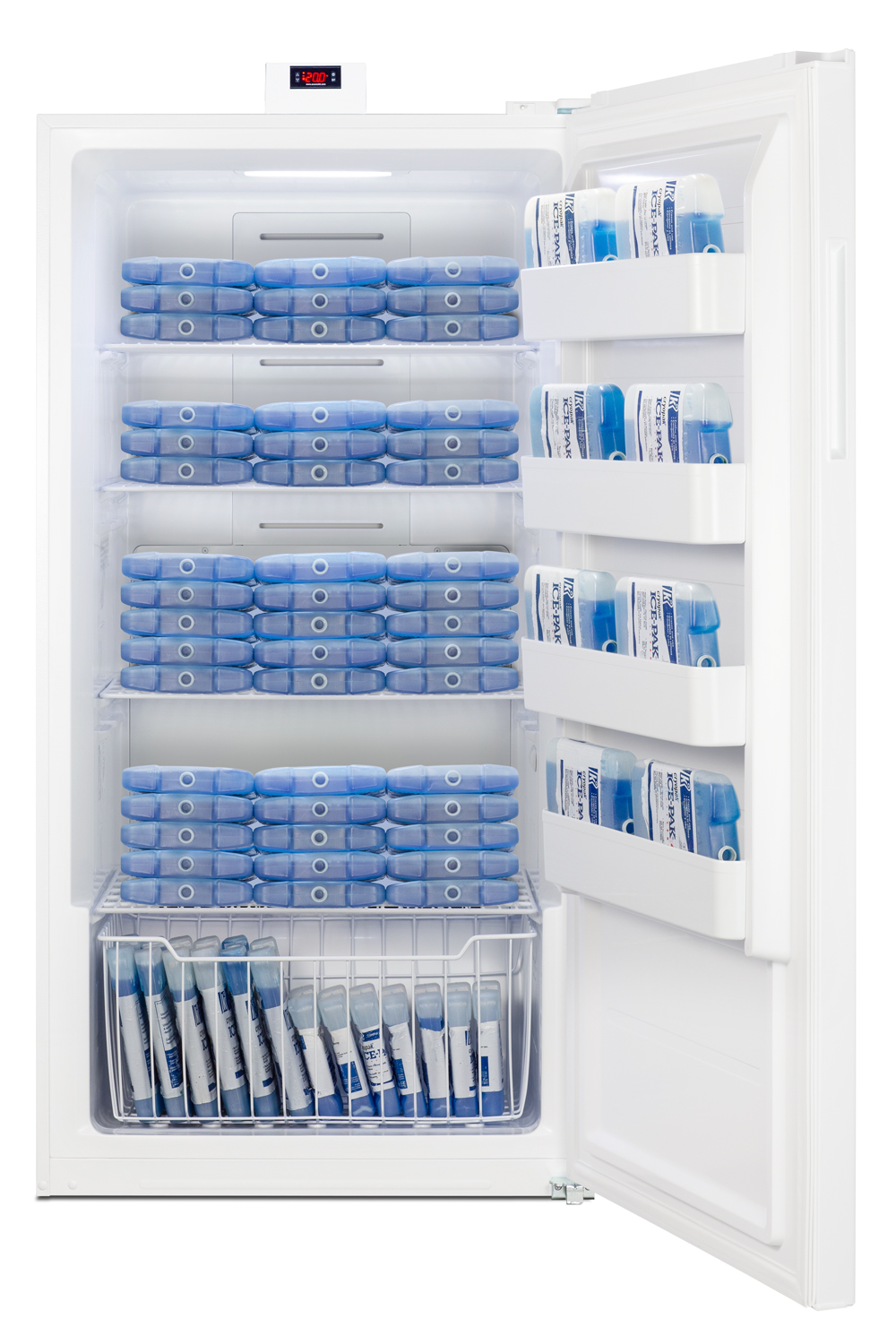 Upright frost-free freezer for general purpose storage with digital controls and white exterior finish
